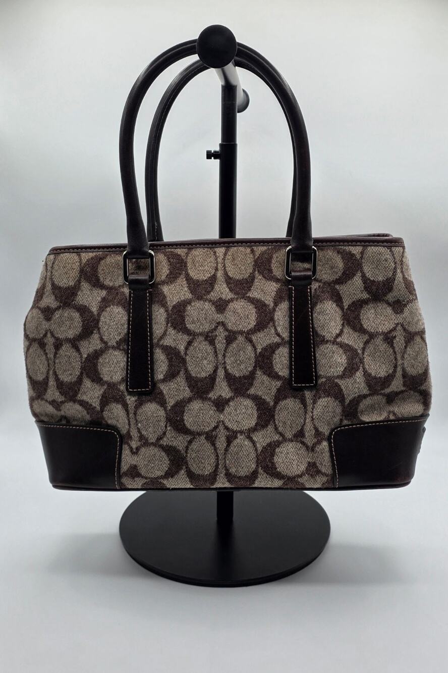 Vintage Coach FJ7721 Signature Wool Tote Brown Leather Handbag